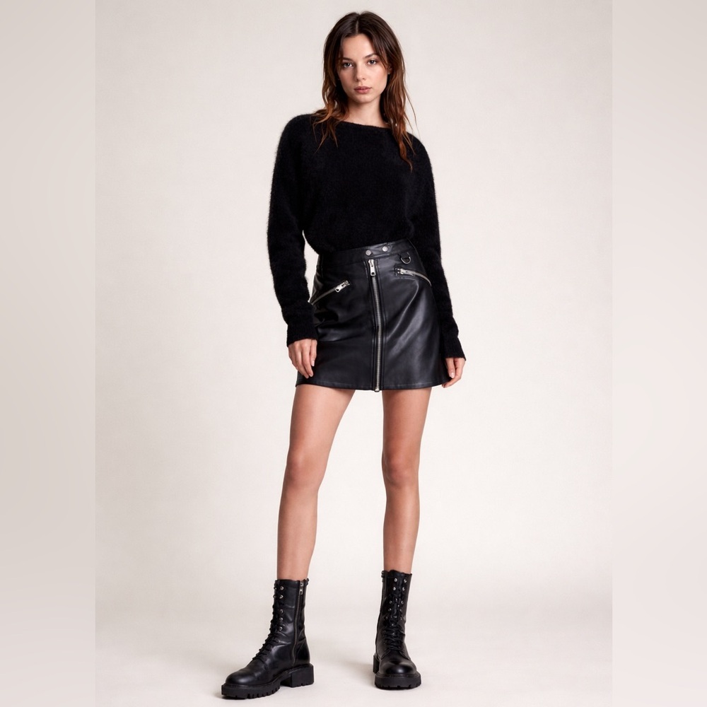 All Saints Piper Black Faux Leather Zip-Front A-Line Skirt US 2